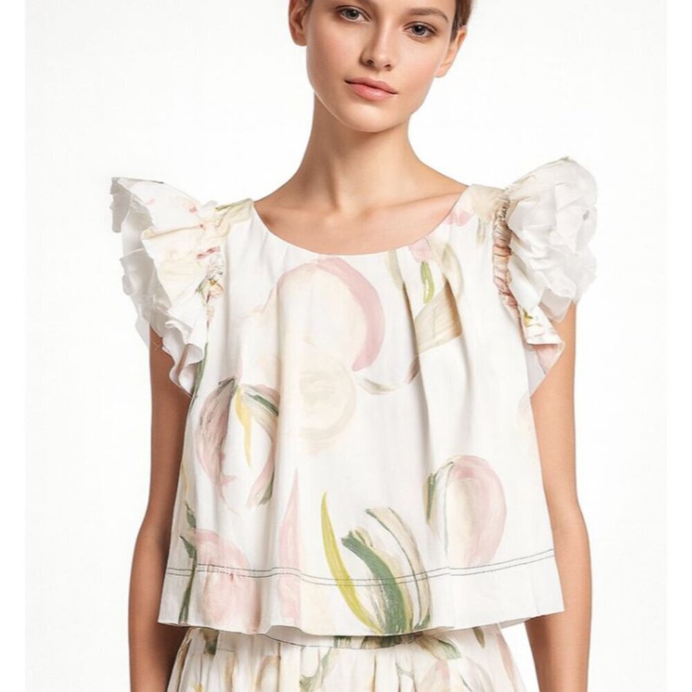 AJE Frill Sleeve Imprint Cotton Crop Top Painterly Laceleaf Print size 12 NWT